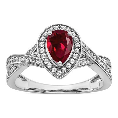 14K White Gold 1/4 ct tw Lab-Created Ruby & Diamond Pear Halo Ring