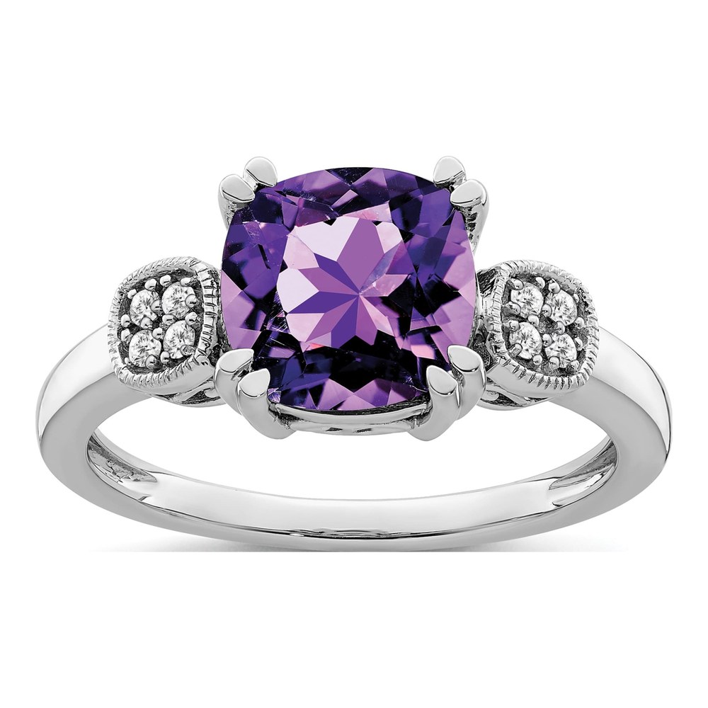 14K White Gold 1/20 ct tw Amethyst & Diamond Cushion Ring