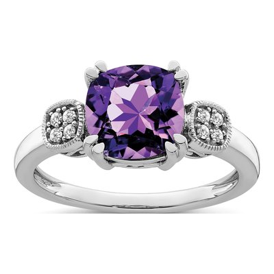 14K White Gold 1/20 ct tw Amethyst & Diamond Cushion Ring