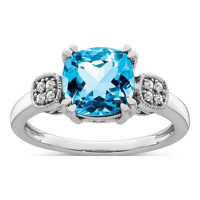 14K White Gold 1/20 ct tw Swiss Blue Topaz & Diamond Cushion Ring