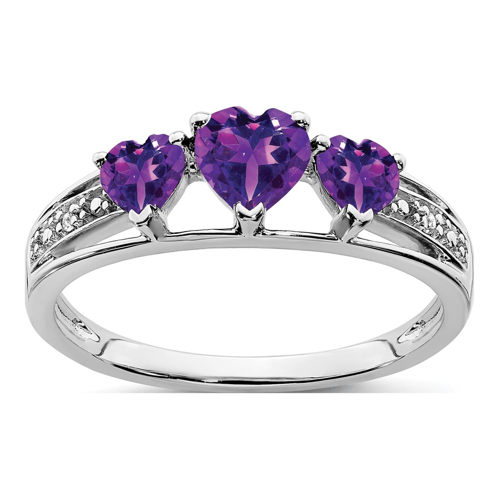 10K White Gold Amethyst & Diamond Heart 3-Stone Ring