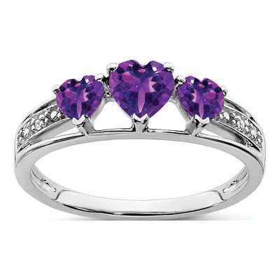 14K White Gold Amethyst & Diamond Heart 3-Stone Ring