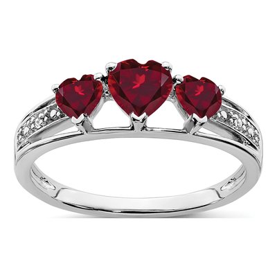 14K White Gold Ruby & Diamond Heart 3-Stone Ring