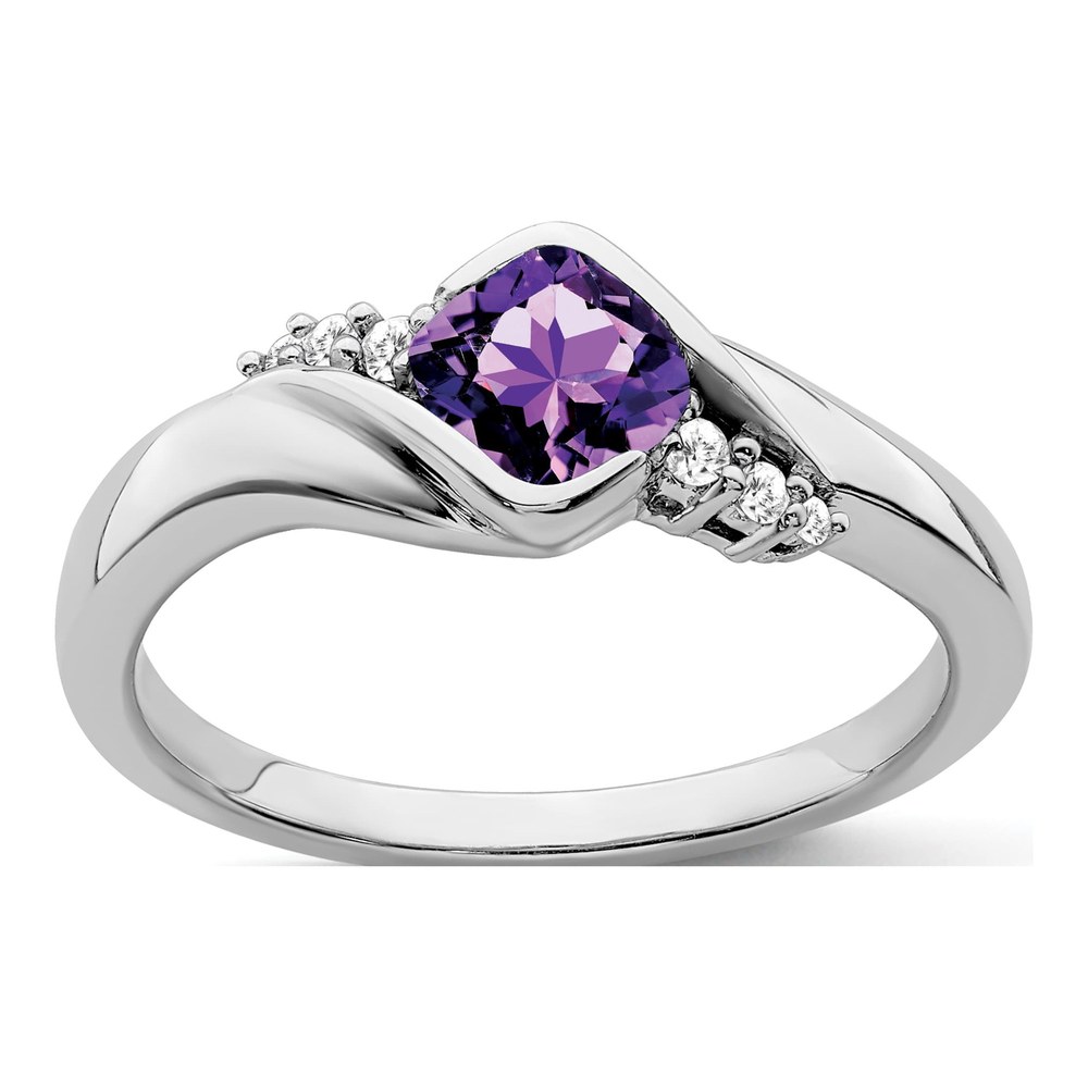 14K White Gold 1/20 ct tw Amethyst & Diamond Cushion Ring