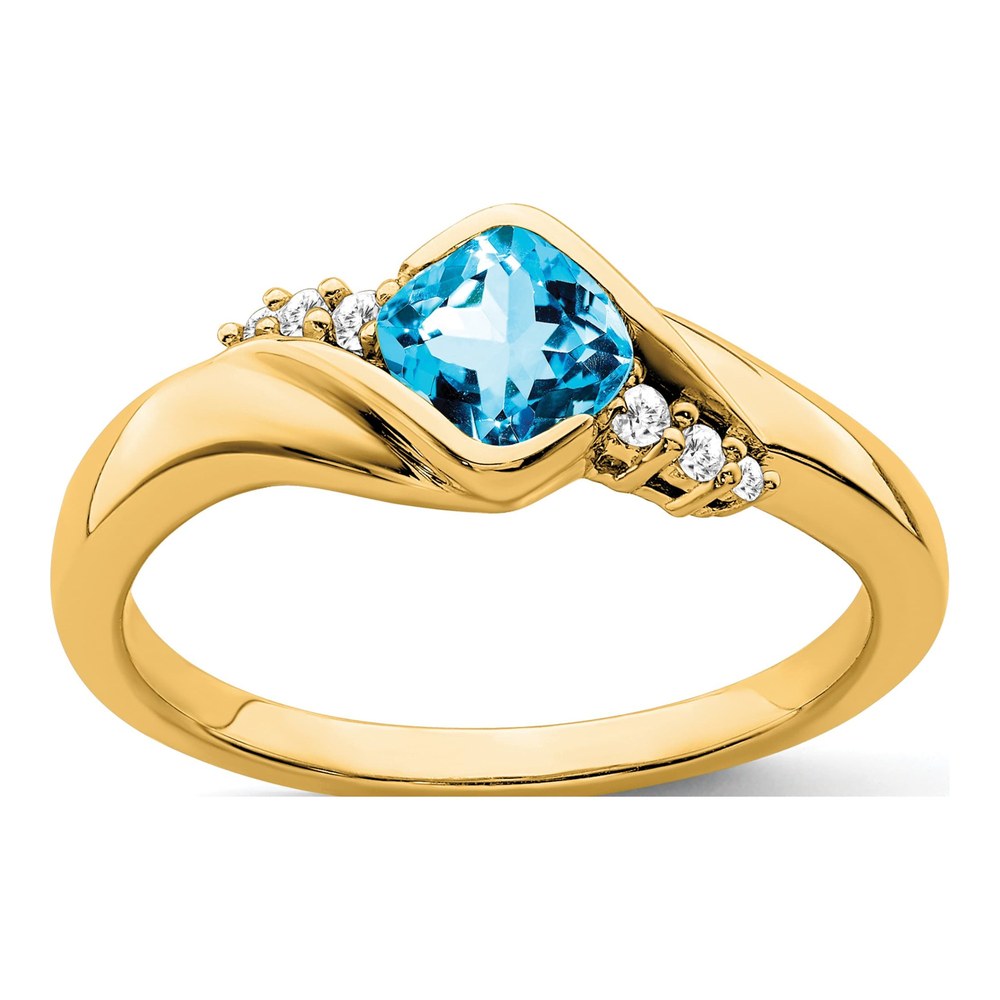 10K Yellow Gold 1/20 ct tw Swiss Blue Topaz & Diamond Cushion Ring