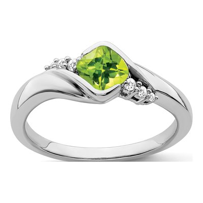 14K White Gold 1/20 ct tw Peridot & Diamond Cushion Ring