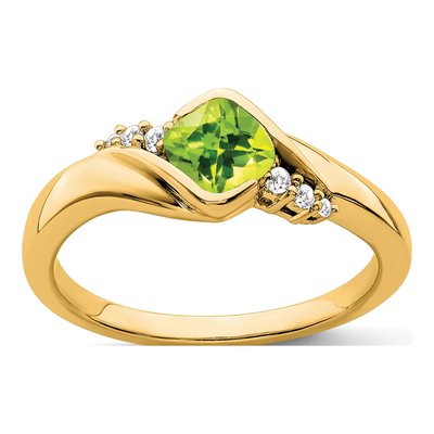 14K Yellow Gold 1/20 ct tw Peridot & Diamond Cushion Ring