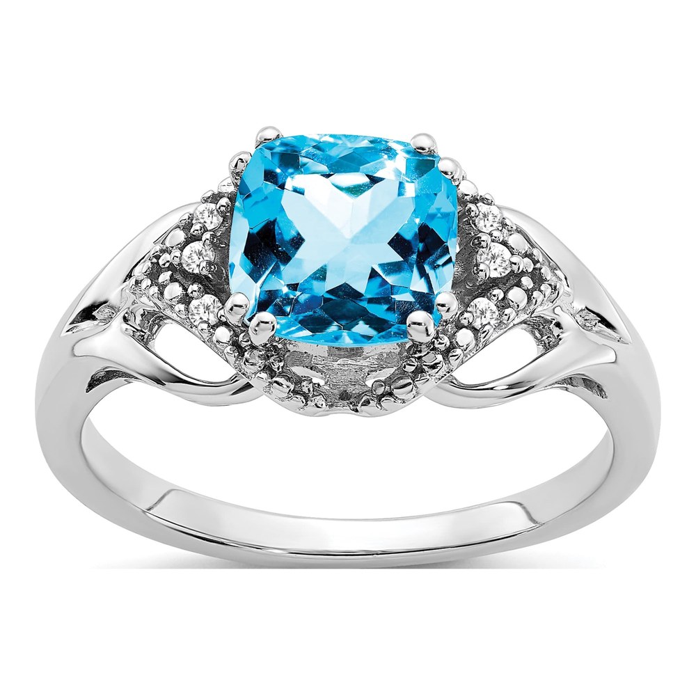 14K White Gold Swiss Blue Topaz & Diamond Cushion Ring