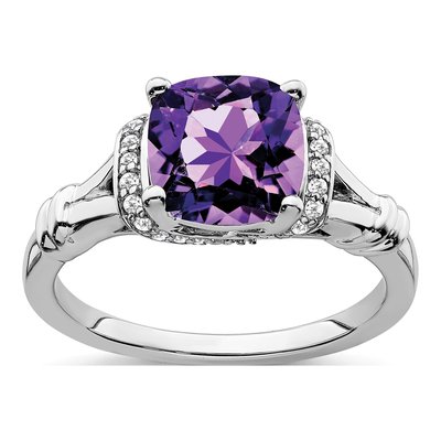 14K White Gold 1/8 ct tw Amethyst & Diamond Cushion Ring