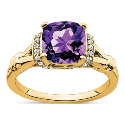 14K Yellow Gold 1/8 ct tw Amethyst & Diamond Cushion Ring