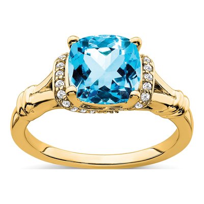 14K Yellow Gold 1/8 ct tw Swiss Blue Topaz & Diamond Cushion Ring