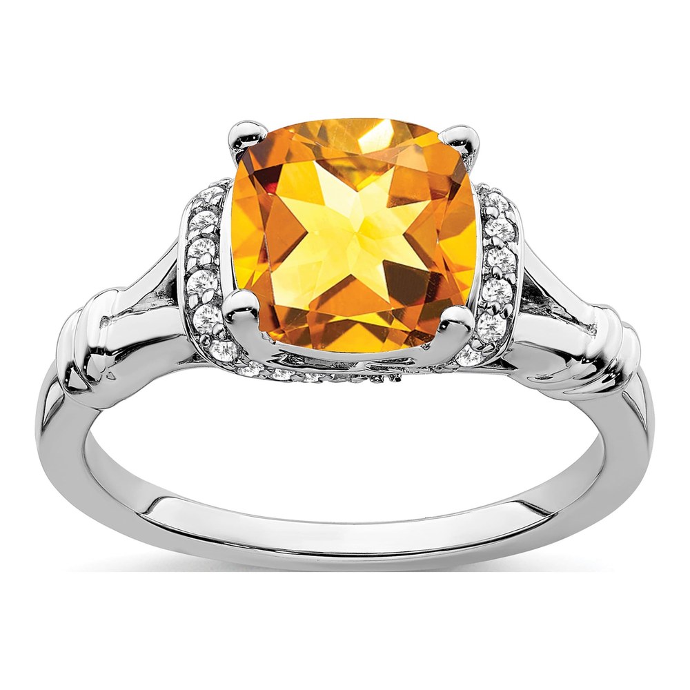 14K White Gold 1/8 ct tw Citrine & Diamond Cushion Ring