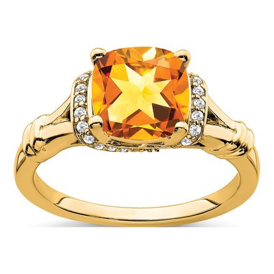 14K Yellow Gold 1/8 ct tw Citrine & Diamond Cushion Ring
