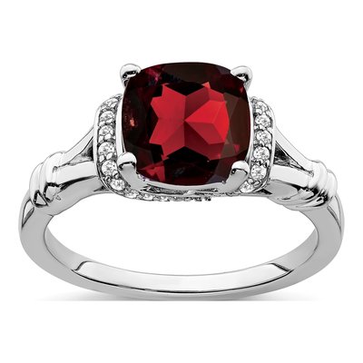 14K White Gold 1/8 ct tw Garnet & Diamond Cushion Ring