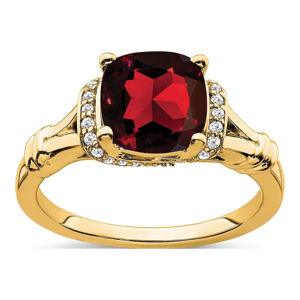 14K Yellow Gold 1/8 ct tw Garnet & Diamond Cushion Ring