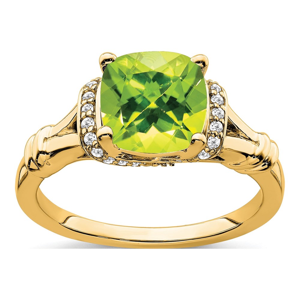 14K Yellow Gold 1/8 ct tw Peridot & Diamond Cushion Ring