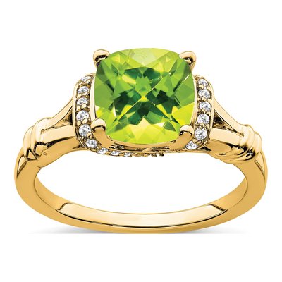 14K Yellow Gold 1/8 ct tw Peridot & Diamond Cushion Ring