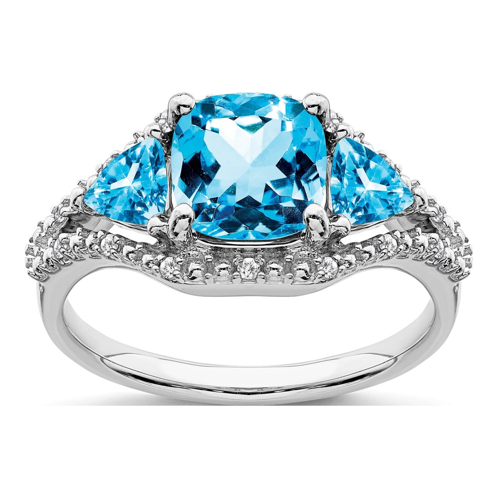 10K White Gold 1/15 ct tw Swiss Blue Topaz & Diamond 3-Stone Ring