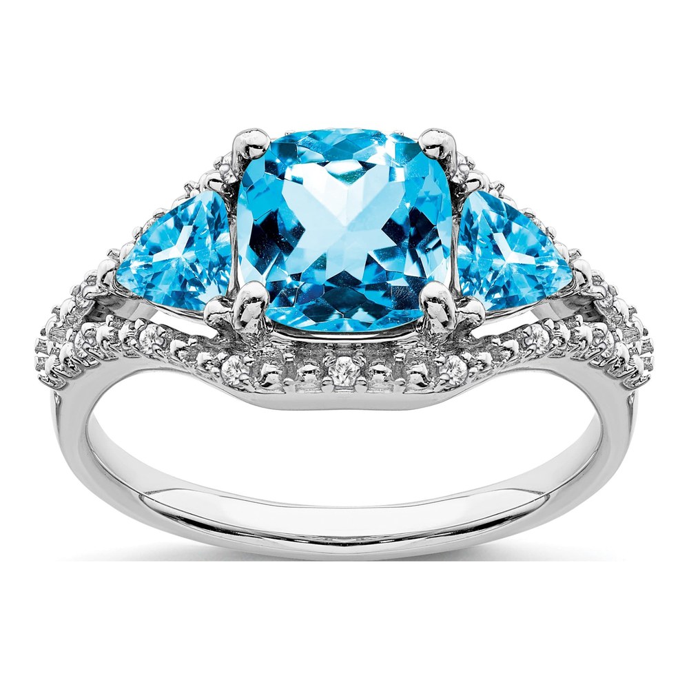 14K White Gold 1/15 ct tw Swiss Blue Topaz & Diamond Cushion 3-Stone Ring