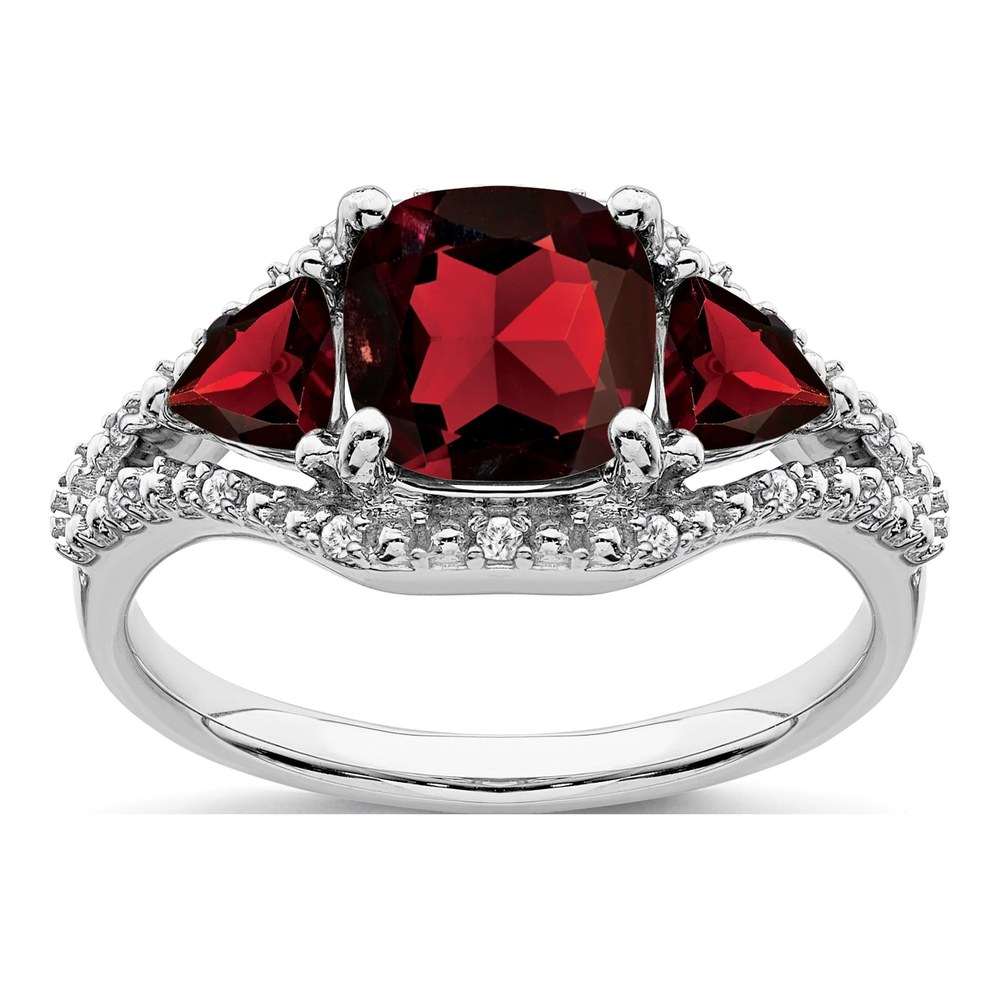 14K White Gold 1/15 ct tw Garnet & Diamond Cushion 3-Stone Ring