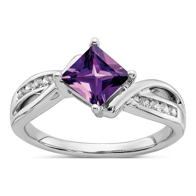14K White Gold 1/8 ct tw Amethyst & Diamond Square Ring