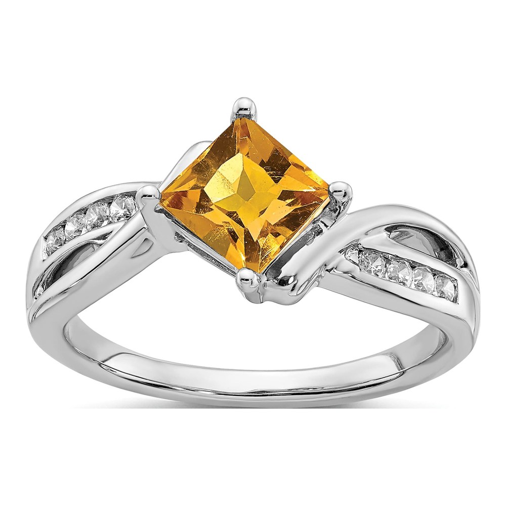 14K White Gold 1/8 ct tw Citrine & Diamond Square Ring