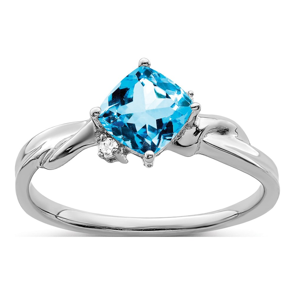 14K White Gold Swiss Blue Topaz & Diamond Cushion Ring