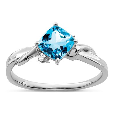 14K White Gold Swiss Blue Topaz & Diamond Cushion Ring