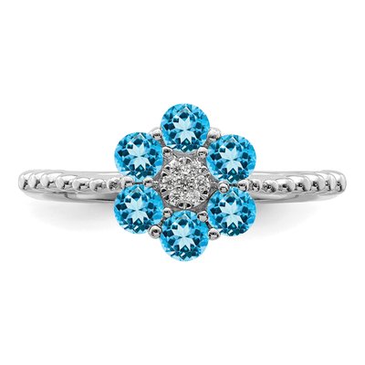 14K White Gold Swiss Blue Topaz & Diamond Floral Ring – view 6