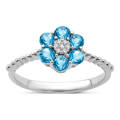14K White Gold Swiss Blue Topaz & Diamond Floral Ring