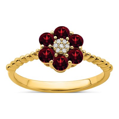 14K Yellow Gold Garnet & Diamond Floral Ring