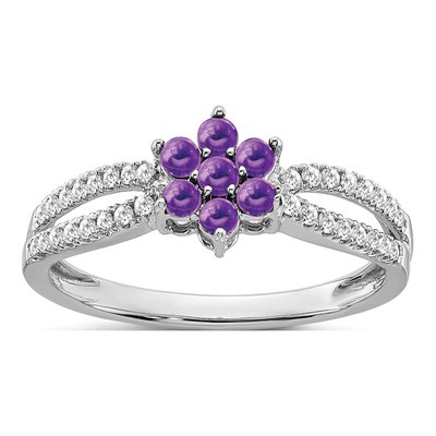 14K White Gold 1/5 ct tw Amethyst & Diamond Floral Ring
