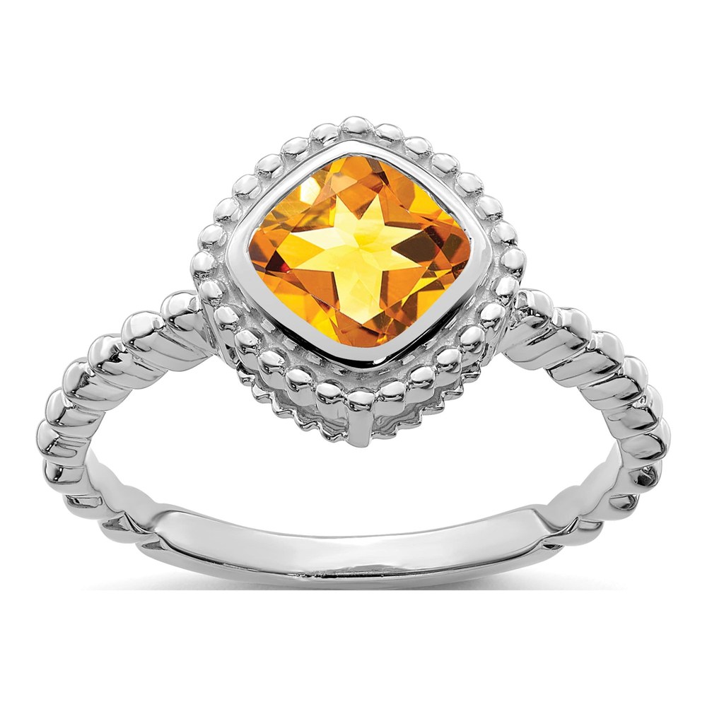 14K White Gold Citrine Cushion Bezel Ring