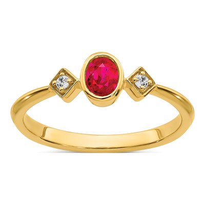 14K Yellow Gold 1/20 ct tw Ruby & Diamond Oval Bezel Ring