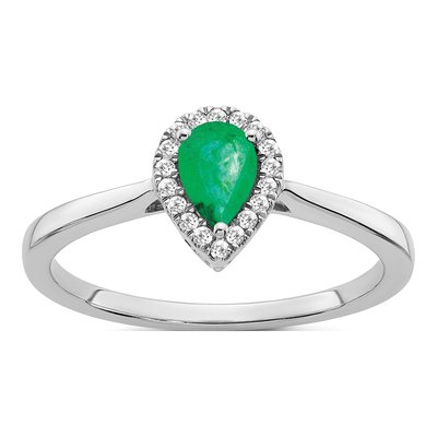 14K White Gold 1/10 ct tw Emerald & Diamond Pear Halo Ring