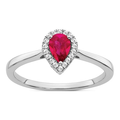 14K White Gold 1/10 ct tw Ruby & Diamond Pear Halo Ring