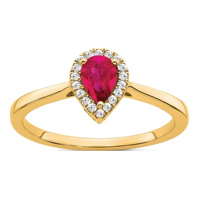 14K Yellow Gold 1/10 ct tw Ruby & Diamond Pear Halo Ring