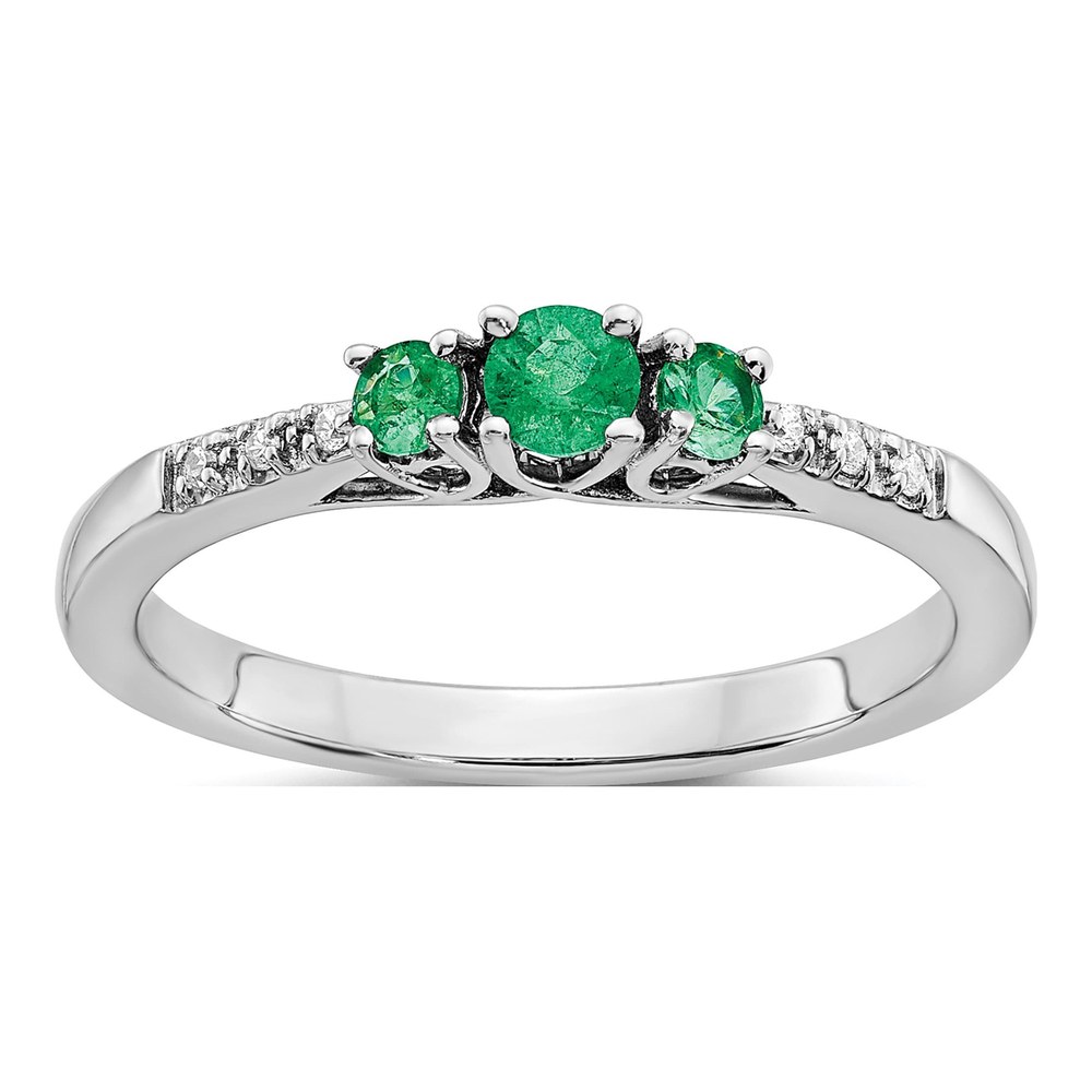14K White Gold Emerald & Diamond 3-Stone Ring