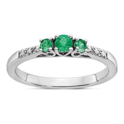 14K White Gold Emerald & Diamond 3-Stone Ring