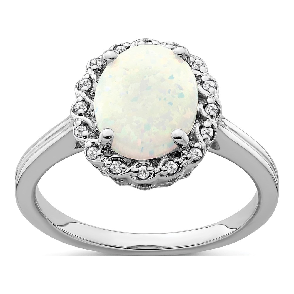 14K White Gold Oval Lab Opal & Diamond Halo Ring