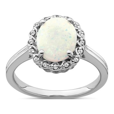 14K White Gold 1/15 ct tw Lab-Created Opal & Diamond Oval Halo Ring