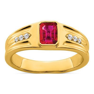 Men's 14K Yellow Gold 1/10 ct tw Ruby & Diamond Emerald-Cut Ring