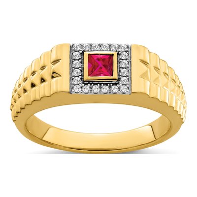 Men's 14K Yellow Gold 1/8 ct tw Ruby & Diamond Square Halo Ring