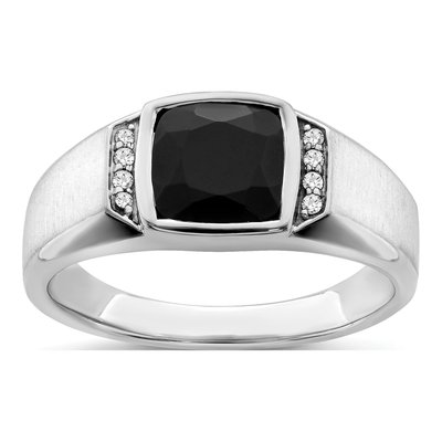 Men's 14K White Gold 1/20 ct tw Onyx & Diamond Cushion Ring