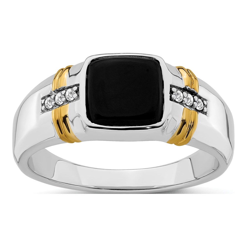 Men's 14K Two-Tone Gold 1/20 ct tw Onyx & Diamond Cushion Ring