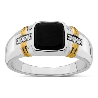 Men's 14K Two-Tone Gold 1/20 ct tw Onyx & Diamond Cushion Ring