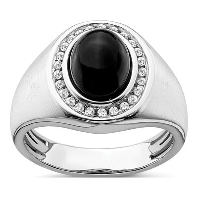 Men's 14K White Gold 1/4 ct tw Onyx & Diamond Oval Cabochon Halo Ring