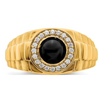 Men's 14K Yellow Gold 1/5 ct tw Onyx & Diamond Round Cabochon Halo Ring – view 6