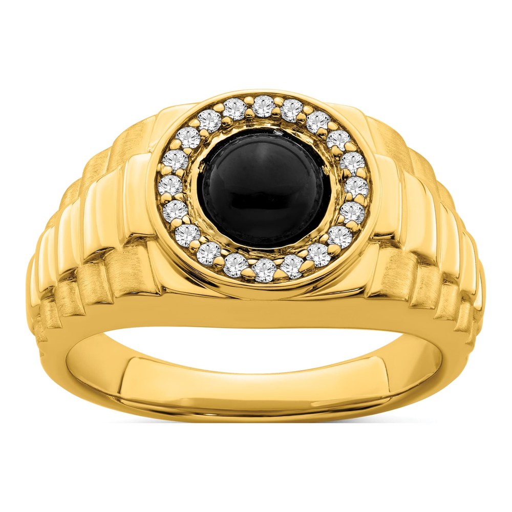 Men's 14K Yellow Gold 1/5 ct tw Onyx & Diamond Round Cabochon Halo Ring