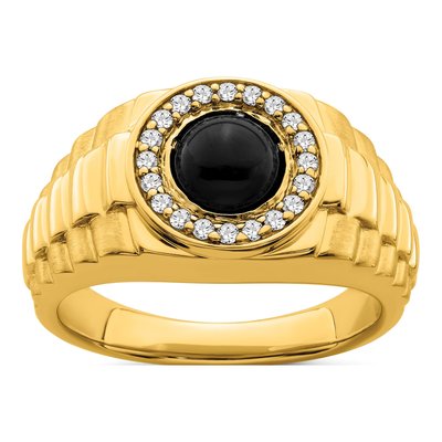 Men's 14K Yellow Gold 1/5 ct tw Onyx & Diamond Round Cabochon Halo Ring